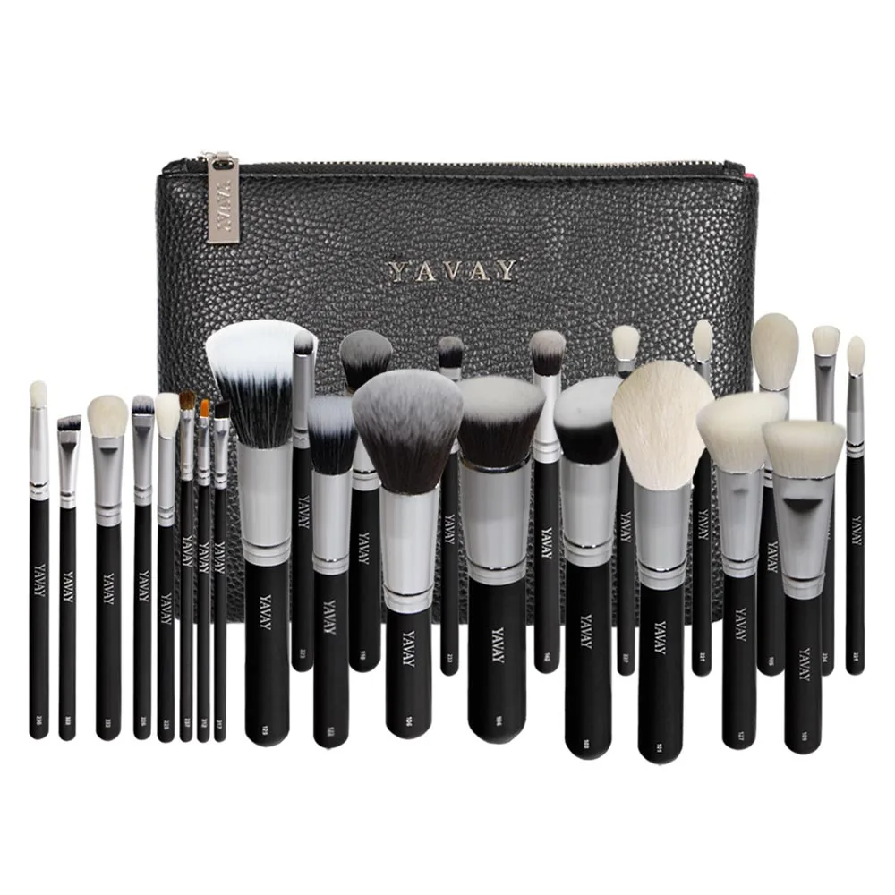 Goedkoop YAVAY 25pcs Originele Pro Luxe Kunstenaar Make Up Borstel Set Geitenhaar Synthetisch Haar Cosmetica Borstels Met PU Lederen tas case