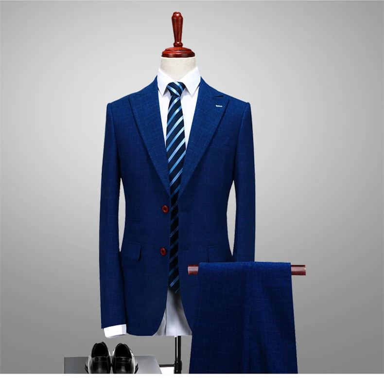 Plyesxale мужской синий клетчатый костюм Slim Fit Свадебные костюмы для мужчин 3 шт мужской деловой костюм Высококачественная брендовая одежда Q124