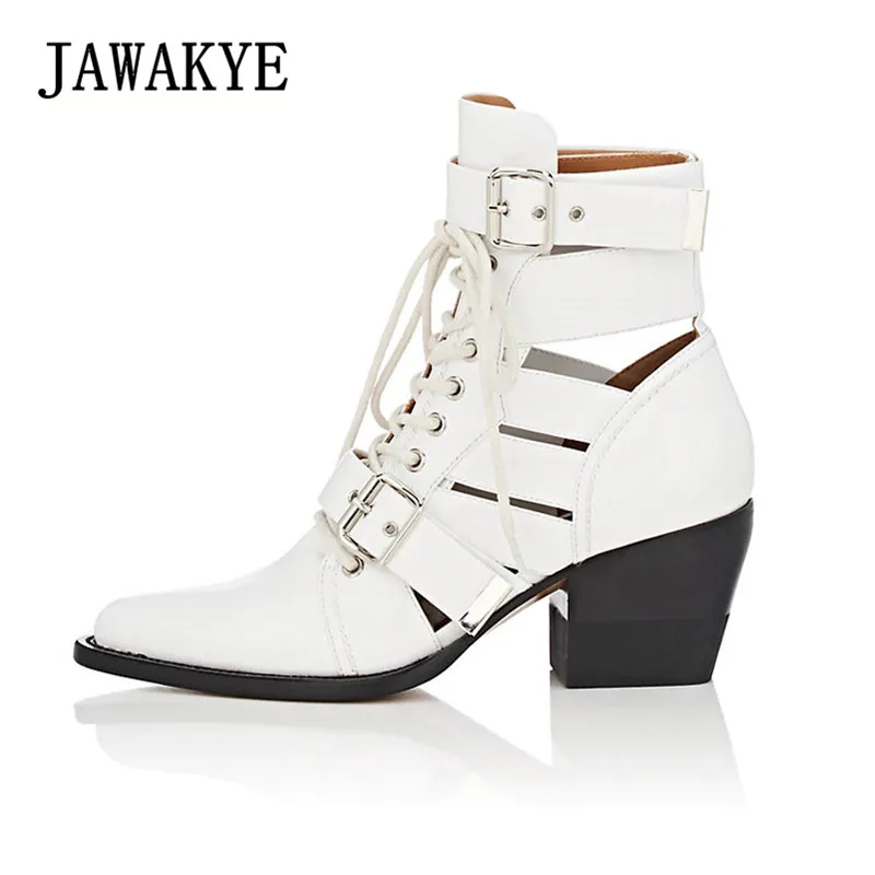 JAWAKYE Pointed Toe Studded Ankle Boots Women Chunky High heels Shoes Genuine Leather Summer Gladiator boots Motorcycle Boots jawakye round toe silver chains studded ankle boots women flat heel genuine leather winter shoes motocycle boots for women