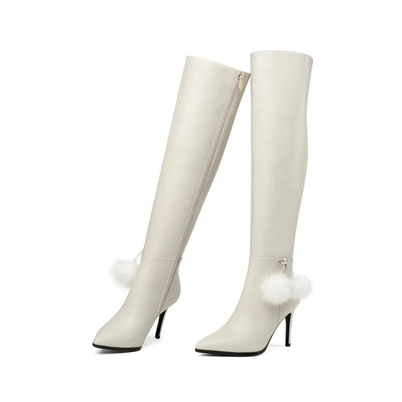 

2019 autumn and winter new boots pointed side zipper stiletto over the knee women's boots beige 0406