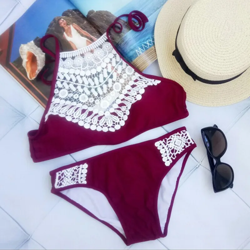 

Black Wine Red Lace Crop Swimsuit High Neck Tank Bathing Suit Beach Wear Swimming Suit For Women Swimwear Bikini Set Plus Size