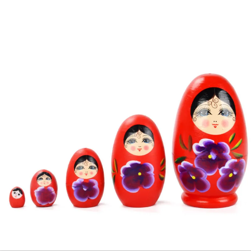 

5pcs/set Kids Wooden crafts dolls 5 layer egg Russian matryoshka Ethnic Dolls Cartoon Educational handmade souvenir Good Gift