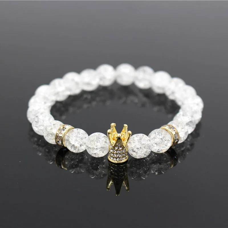 

Micro Pave White CZ Gold Plated King Crown Charm Bracelet Men Dull Polish White Popcorn Stone Bead Bracelet Jewelry For Women