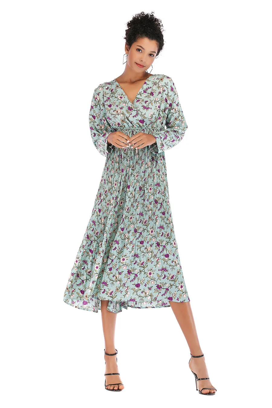 Gladiolus Hot 2018 Autumn Dress Women Long Sleeve V-Neck Sexy Floral Print Tunic Loose Midi Chiffon Dress Women Beach Sundress (16)