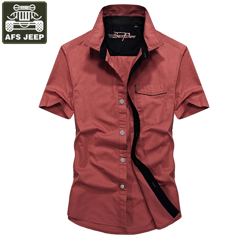 

AFS JEEP Summer Shirt Men Short Sleeve Turn-down Collar Cotton Mens Shirts Military Casual Loose Big Size M-4XL Chemise Homme