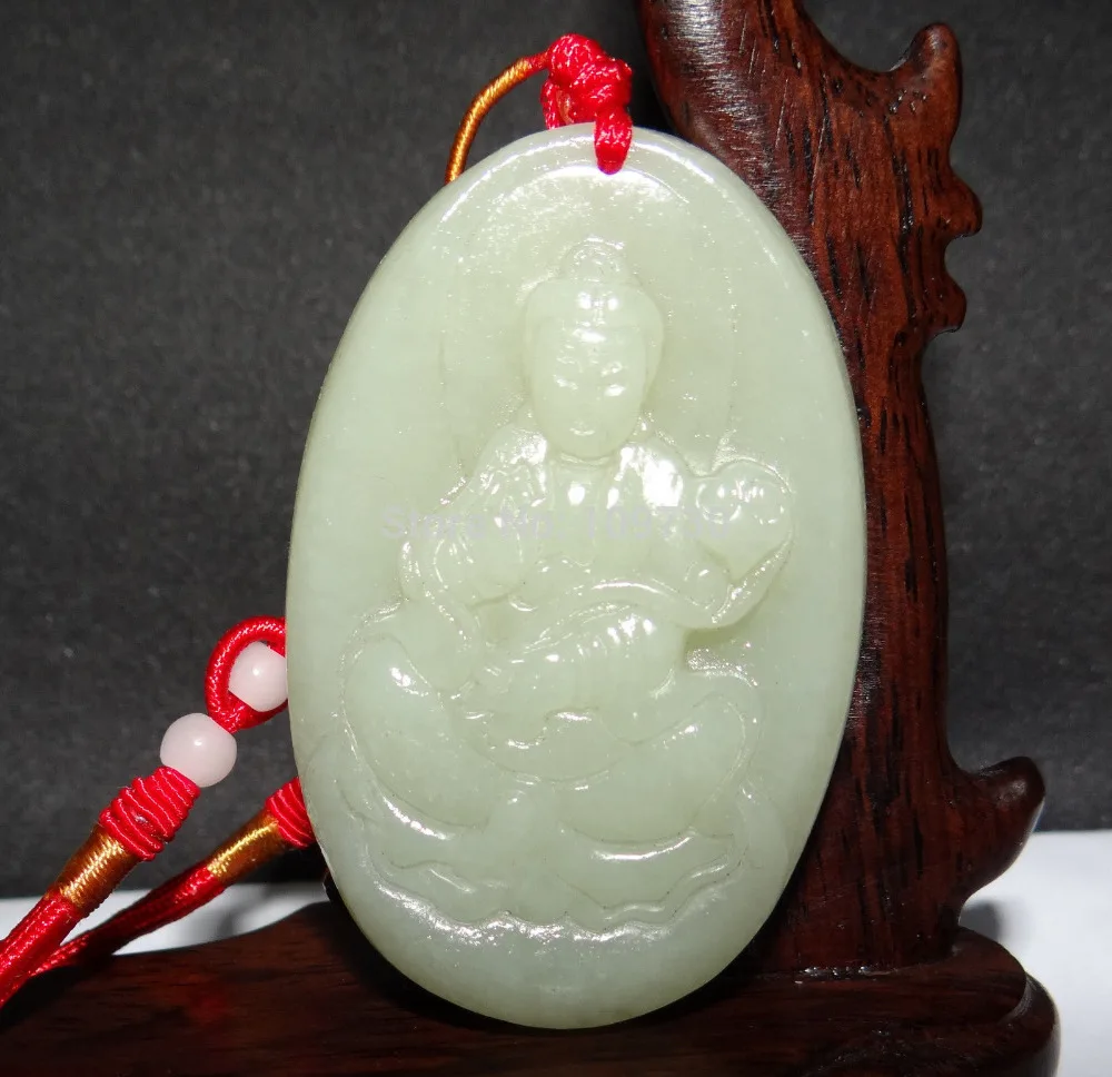 

Jewelr 003197 Chinese Nature Hetian Nephrite Jade Light Green Men's Guanyin Necklace
