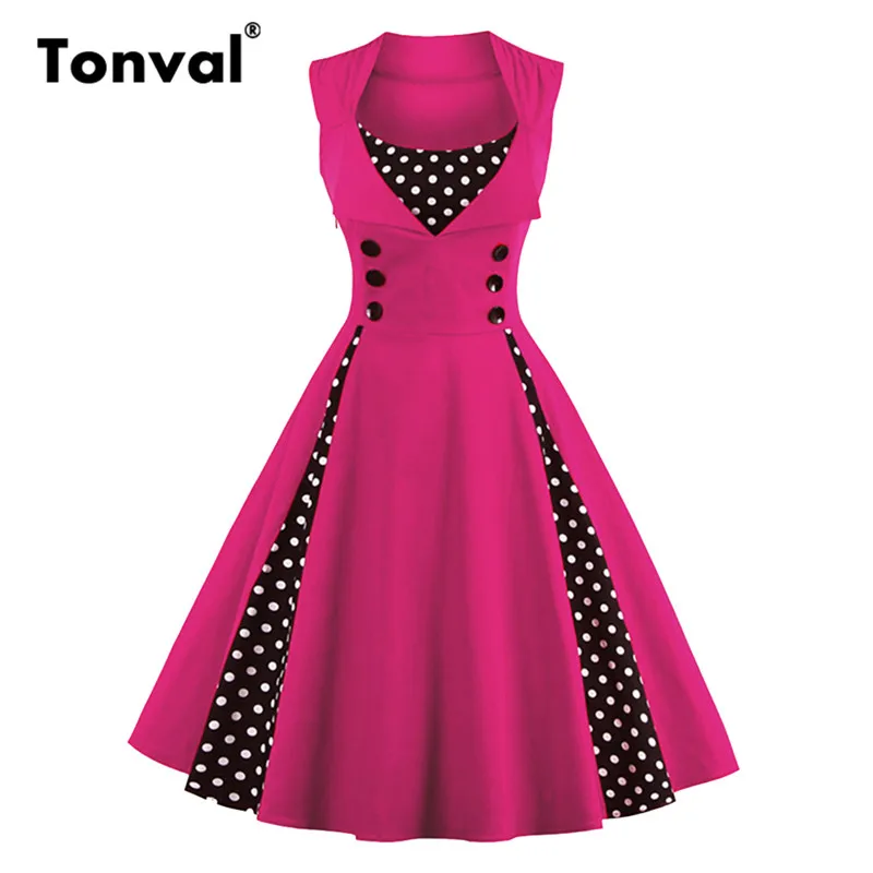 

Tonval Elegant Polka Dot Sleeveless Pin Up Vintage Retro Dress Women Button Summer Party Plus Size 4XL 5XL Cotton Dresses