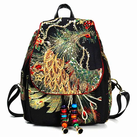 Novos das Mulheres do Vintage Nacional do Bordado de Lantejoulas Bolsa de Ombro 2019 Mochila Mochila Pavão Boho Contas Escola Viagem Fêmea da Menina