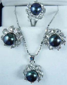 

wholesale simple dark blue shell pearl plated pendant earring and ring(#7.8.9) jewelry set 004 AA1013