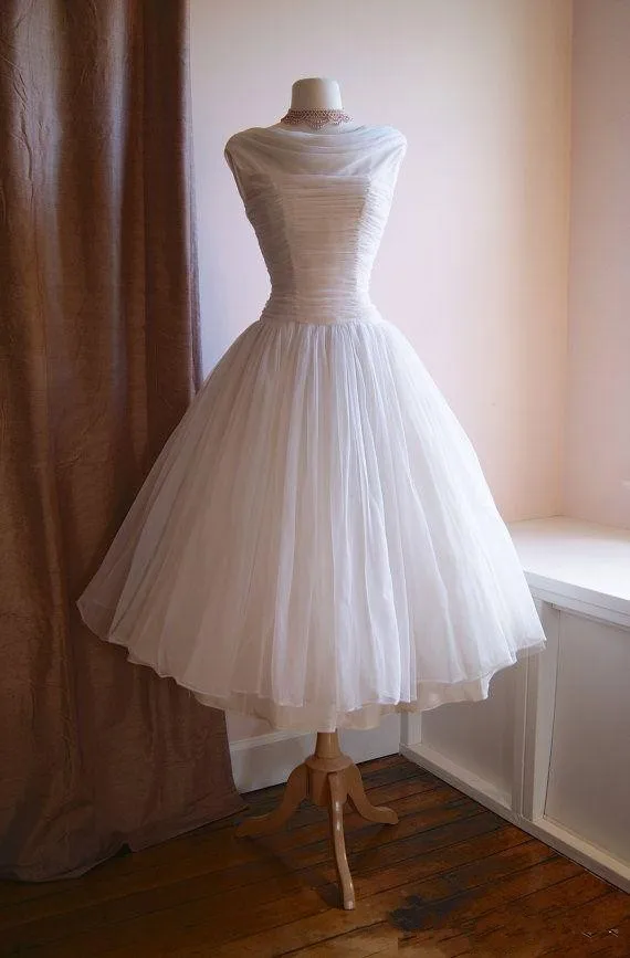Vintage 1950 S Tea Length Wedding Dresses Cowl Neck Pleats Chiffon