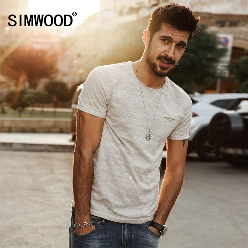 SIMWOOD 2017 New Spring Summer T Shirts Men Fashion Curling Short Sleeved Slim Stretch Vintage Tees