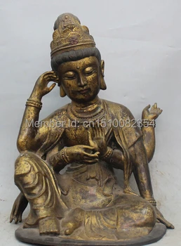 

15" Chinese Bronze Gilt 6 Arms Hands Kwan-yin Guanyin Shakyamuni Buddha Statue