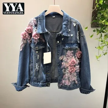 

Embroidery Flowers Beading Denim Jacket Women Fashion Frayed Jeans Jacket Female Lapel Single Breasted Brand Women Coat Harajuku