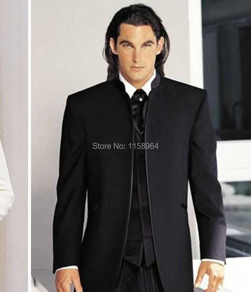2015 Men Wedding Suits Custom Design Size and Color No Button Groom Tuxedos Groomsmen Mandarin Collar (Jacket Pants Vest ).jpg