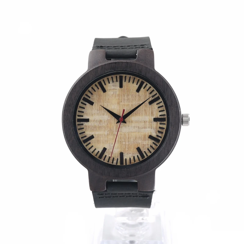 BOBO BIRD V-C23 Mens Quartz Wristwatches Handmade Wooden Watch Red Color Second Black Leather Strap In Gift Box Relojes Hombre