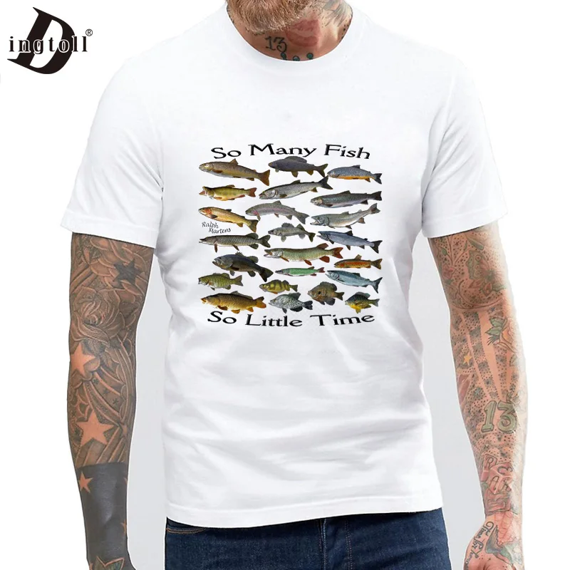 

Dingtoll Summer Men So many fish freshwater Printed T Shirt Eco-friendly Unisex Multi Fish Tees MTE37