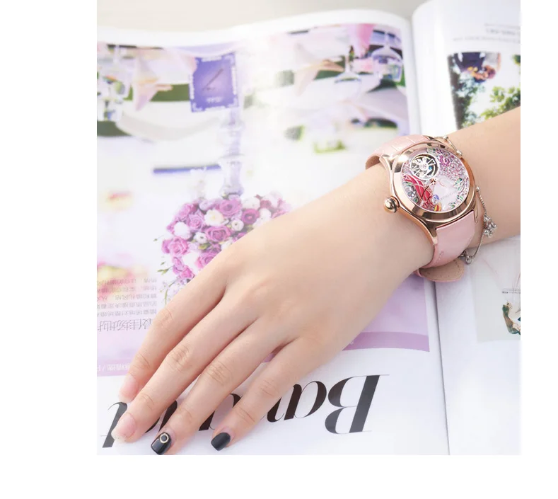 Reef Tiger Top Brand Luxury Women Watches Pink Dial Leather Strap Mechanical Watch Rose Gold Fashion Watch reloj mujer RGA7105