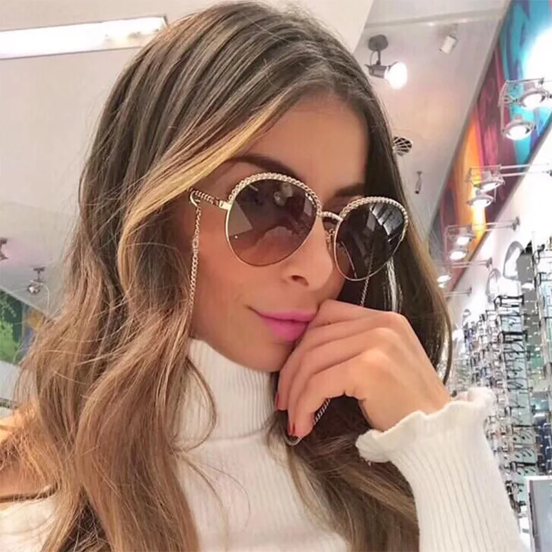 

Luxury Brand Fashion Metal Round Sunglasses Women 2019 The French Designer Clear Lens Round Glasses Frame Female (No chain)
