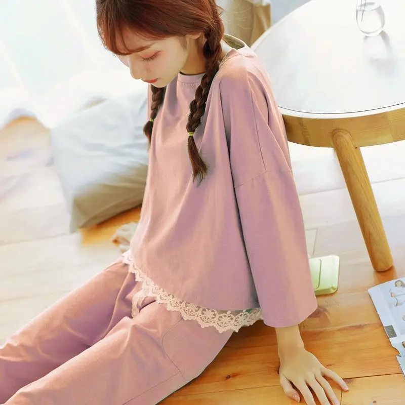 Новые женские пижамные комплекты, хлопок, одежда для сна, весна-осень, пижама с длинным рукавом, пижамный комплект с круглым вырезом, женские пижамы, домашняя одежда - Цвет: baibian pink