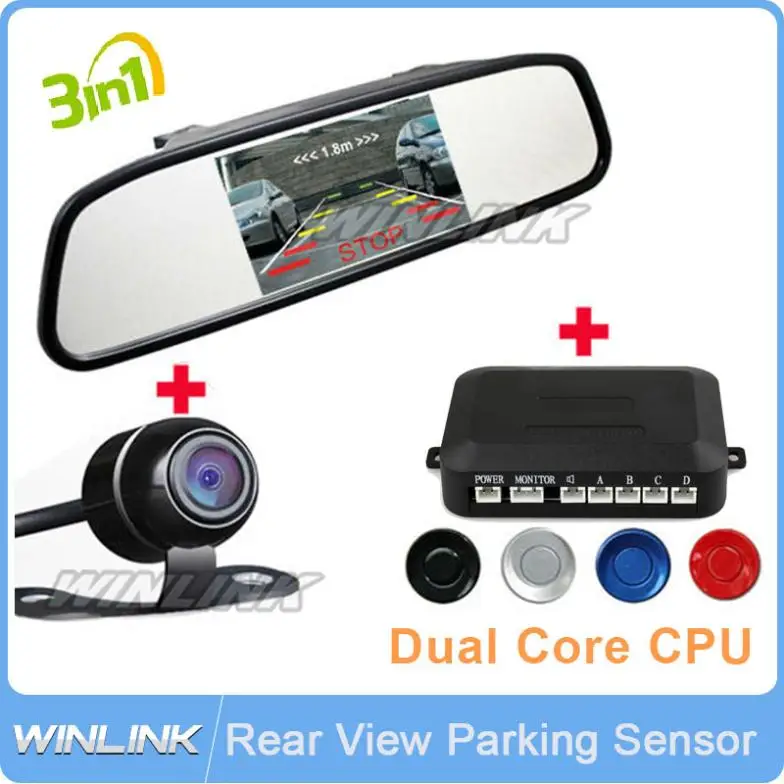 

3 in 1 Dual Core Auto Parking Sensor System + Rear View Camera + 4.3" Car Mirror Monitor, Can Display Distance Free Shipping