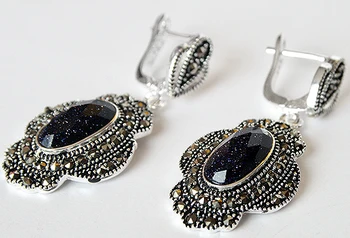 

RETRO VINTAGE 925 SILVER BLUE SAND jade MARCASITE EARRINGS 11/2" BEST GIFT