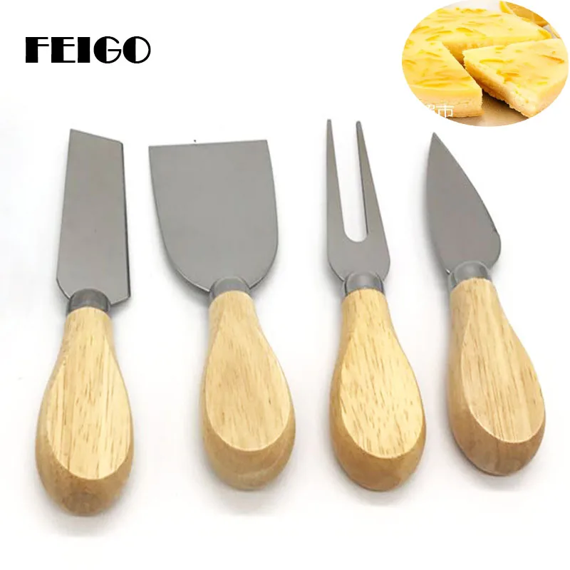 FEIGO 4Pcs/Sets Wood Handle Knives Bard Set Oak Bamboo Cheese Knife Slicer Kit Kitchen Cheedse