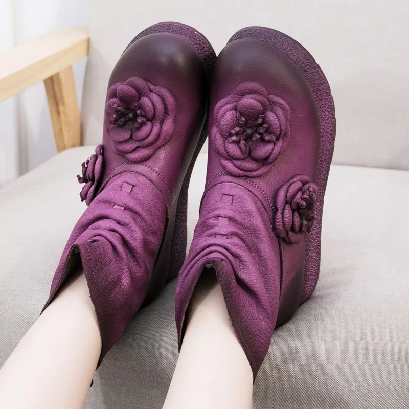 high quality women 2017 fashion genuine leather handmade medium heel vintage flower shoes short boots female motorcycle botas 