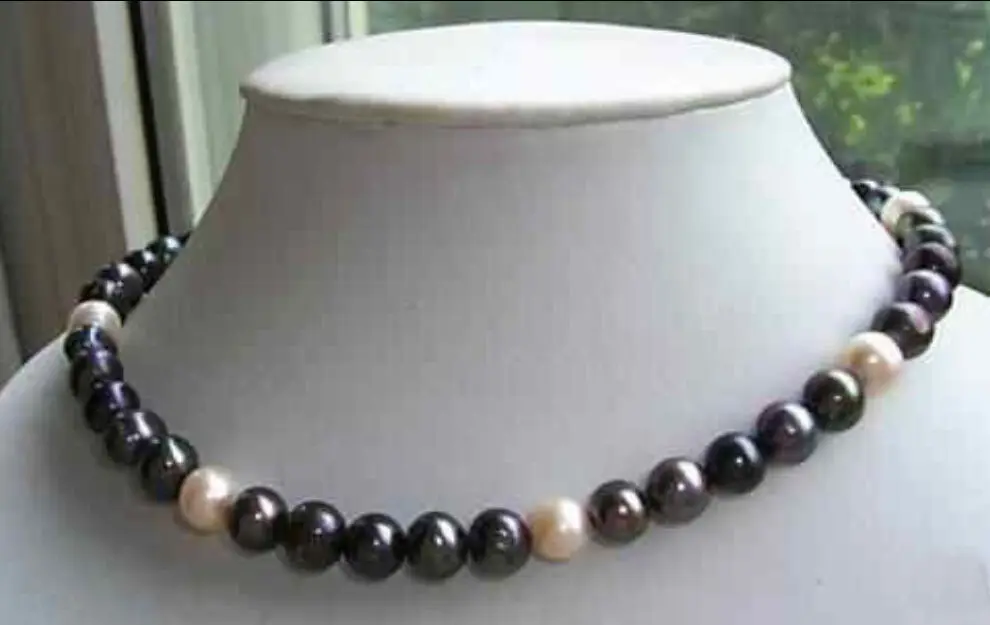 

18'' 9-10mm south sea black white pearl necklace 925silver Gold