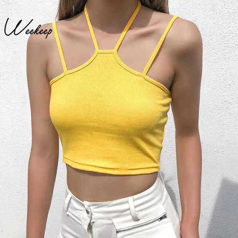 

Weekeep Women Bodycon Halter Backless Crop Top Knitted Sleeveless Summer Streetwear Cami Top Women 2019
