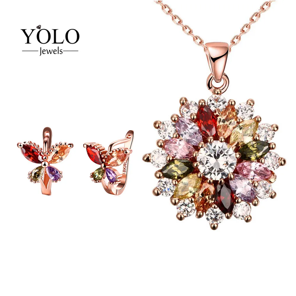 

YOLO Jewels 3Pcs/Set Jewelry Set for Women Bohemia Flower Design Multi-color Cubic Zirconia Butterfly Design Stud Earrings