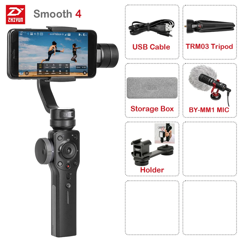 Zhiyun Smooth 4 3-осевой Ручной Стабилизатор на шарнирном замке для смартфона фокусировки камеры для iPhone X 8 7 6 Plus для samsung Galaxy S9+ S9 S8+ S8 - Цвет: Smooth 4 Black-Kit 4