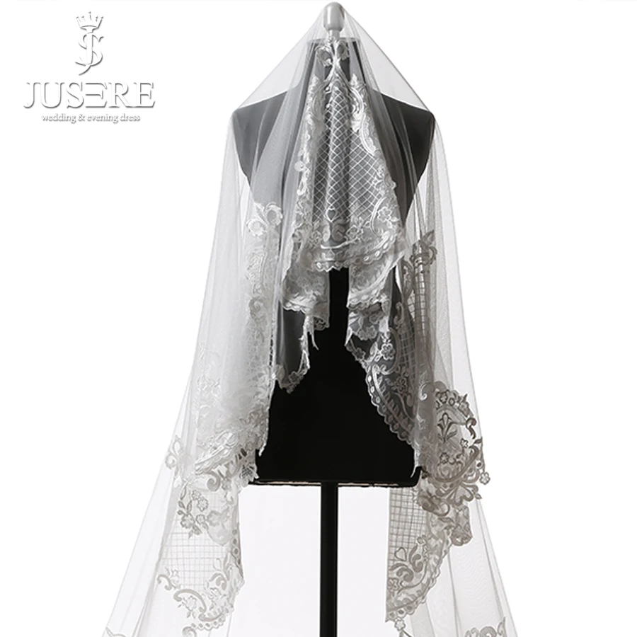 

Jusere Own Design Special Appliques Pattern Around Edge Clean Edge Long 3m Soft Tulle Bridal Veil 2018