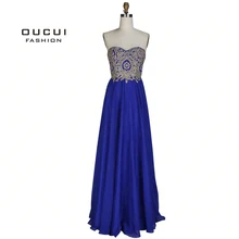 Реальные фотографии длинное вечернее платье без бретелек трапециевидной формы из шифона с вышивкой длиной до пола OL102993