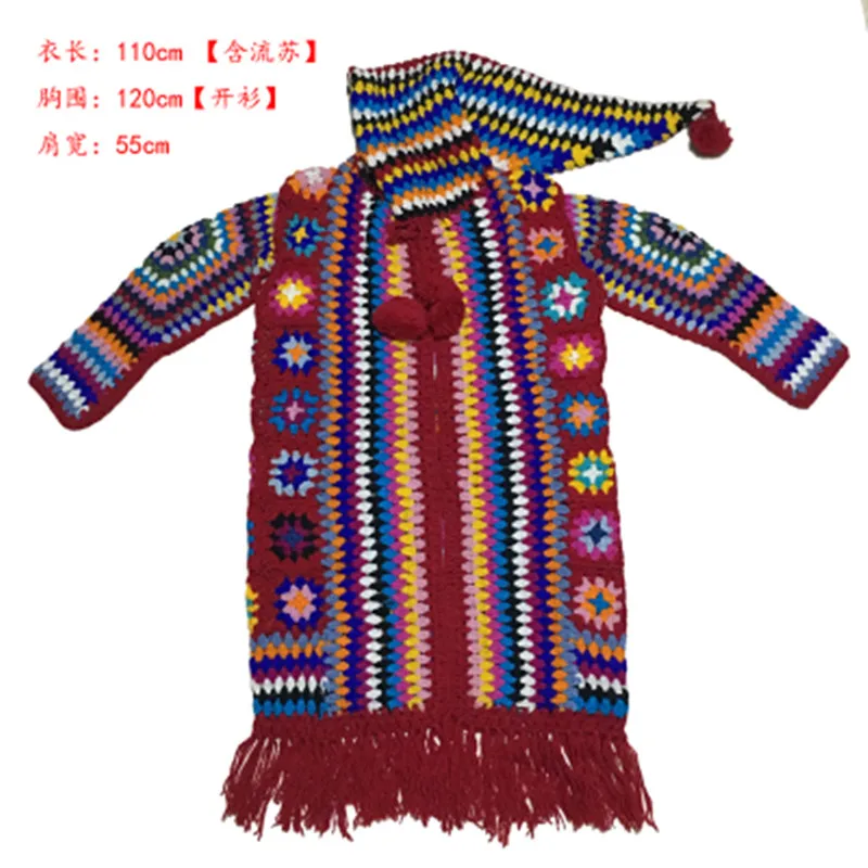 

Free Shipping 2018 100% Wool Coat For Women Plus Size Loose Cardigans Long Sleeve Hand Made National Tassels Sweaters With Hood