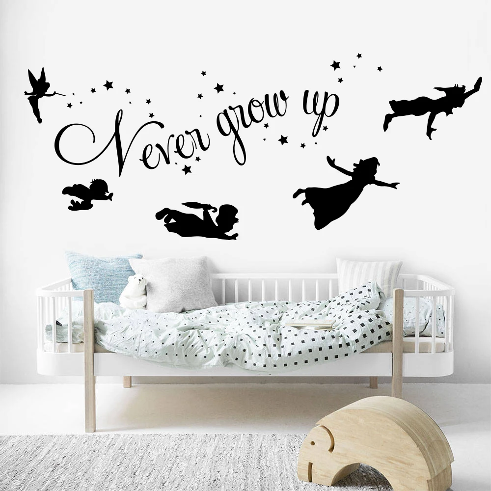 Cartoon Peter Pan Never Grow Up Quote Wall Decal Baby Nursery Kids Room Peter Pan Tinkerbell Star Wall Sticker Bedroom Vinyl Art (1)