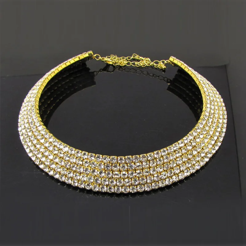 Женское Ожерелье с воротником из горного хрусталя, ожерелье макси, свадебное, для невесты, подружки невесты, серебряное, золотое, модное колье-чокер - Окраска металла: 5 row gold