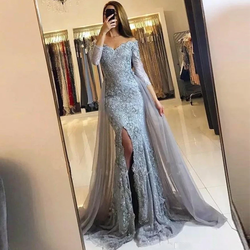 Fashion Gray Mermaid Evening Dress Sexy High Slit 3/4 Long Sleeves Prom Dresses with Tulle Train Abendkleider Robe de soiree silver prom dresses