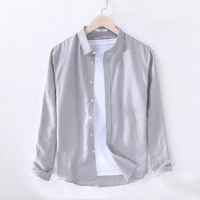 Мужская весенняя и осенняя Модная брендовая винтажная простая однотонная хлопковая льняная рубашка с длинными рукавами в японском стиле мужская повседневная тонкая рубашка - Цвет: gray