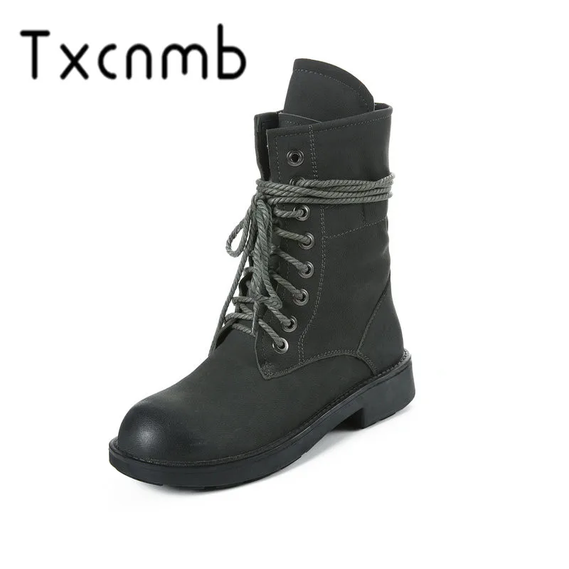 

TXCNMB 2019 Boots Women Ankle Boots for Women Winter Genuine Leather Square Heel Black Gray Shoes Woman Size 40 Lace-up