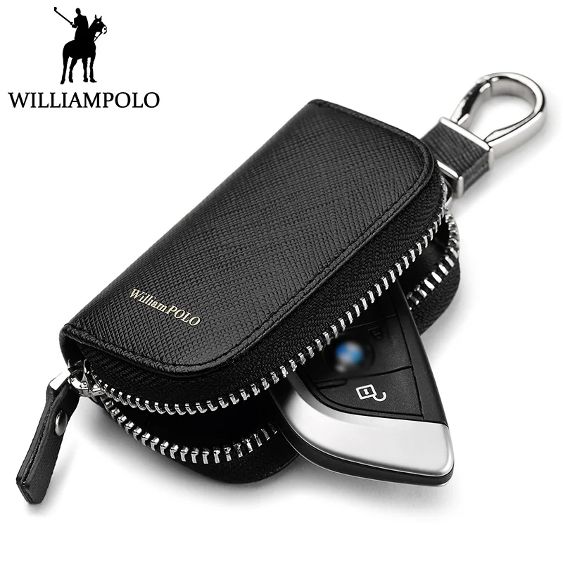 

WILLIAMPOLO Car Key Holder Genuine Leather Car Key Case Zipper Rotatable Buckle Keys Wallets For Car Elegant Style Design Gifts