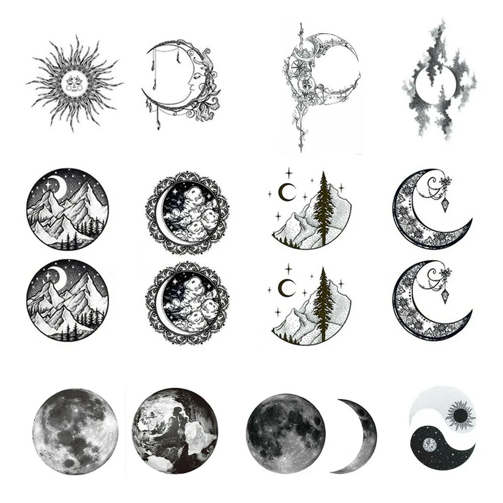 

Waterproof Temporary Fake Tattoo Stickers Vintage Grey Moon Earth Design Make Up Tools