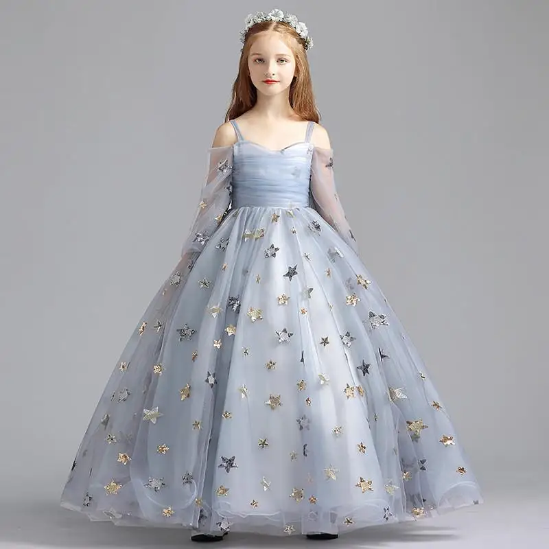 Новинка года; детское кружевное платье принцессы из тюля для девочек элегантное вечернее платье для девочек-подростков с блестками и звездами; Vestido; Q507