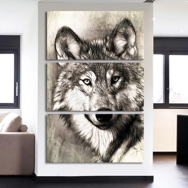 3 Piece HD Printed Canvas Art Abstract Black And White Wolf Painting Framed Poster And Prints