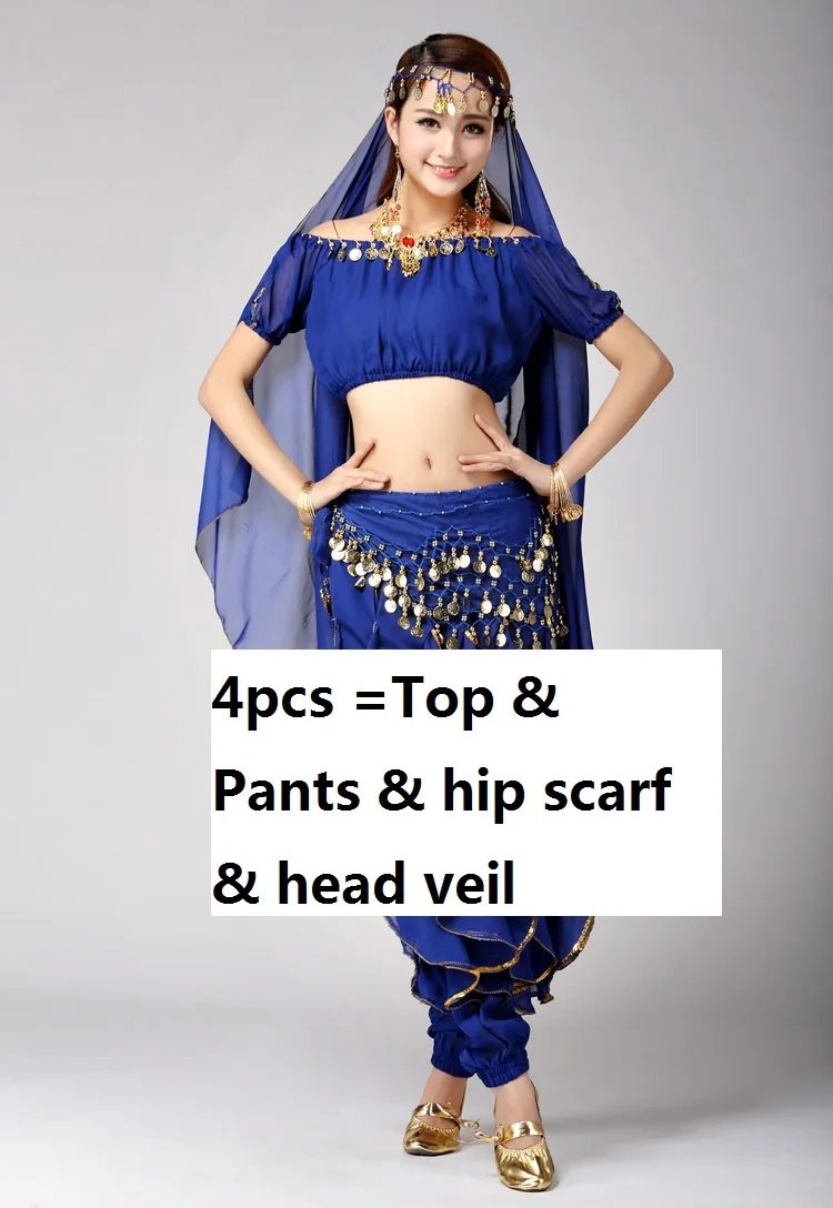 Сари индийская Одежда Для Болливуда костюмы для танца живота женский взрослый костюм для танца живота Профессиональный топ брюки Египетский - Цвет: dblue4pcs