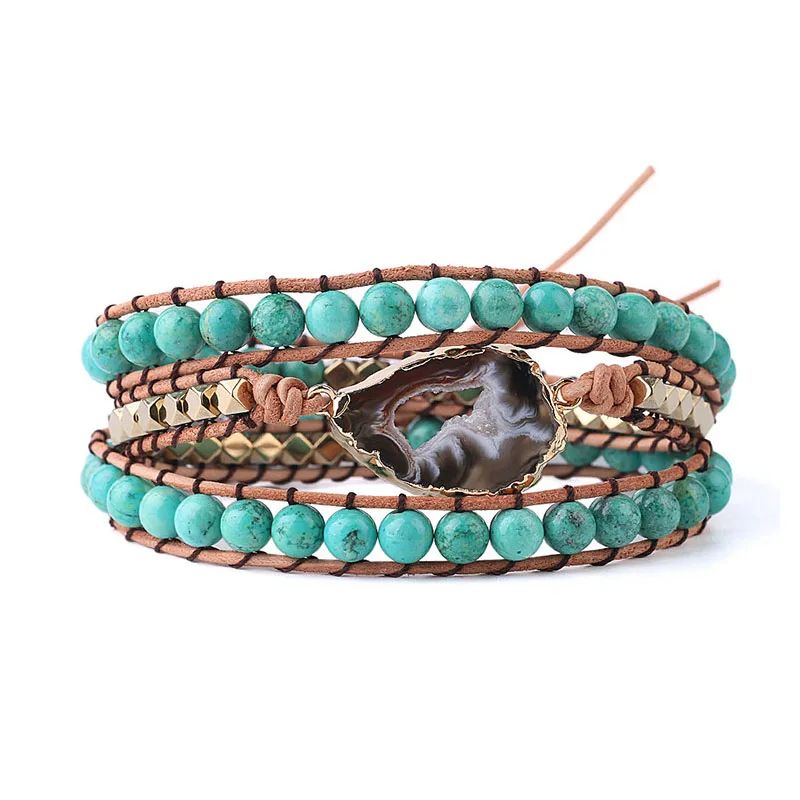 

Natural Turquoise Beaded Wrap Bracelet Female Handmade Boho Bracelet For Women Irregular Stripes Crystal Agate Leather Bracelet