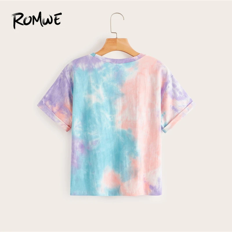 ROMWE, разноцветная футболка с надписью Tie Dye, женская летняя футболка, круглый вырез, короткий рукав, футболки в стиле бохо, Повседневная Уличная одежда, топы