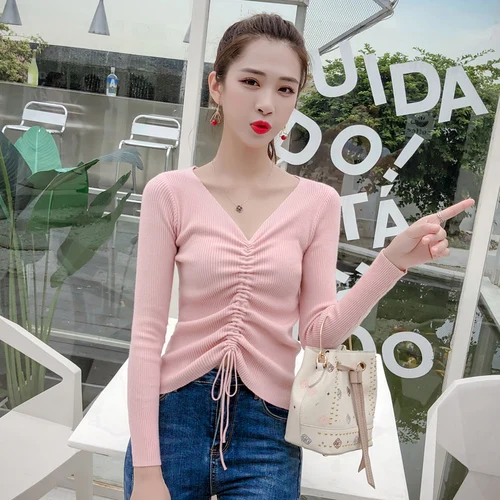 

2019 Women Autumn Slim Pullover Knitted Pink Yellow Sweaters Long Sleeve V-neck Casual Fashion Woman Deisgn Clothes