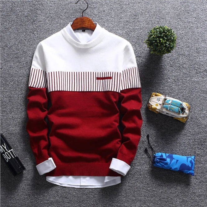 Осень зима новая уличная мода сшитые мужские свитера мужские вязаные теплые корейские тонкие с круглым воротником мужская одежда - Цвет: red