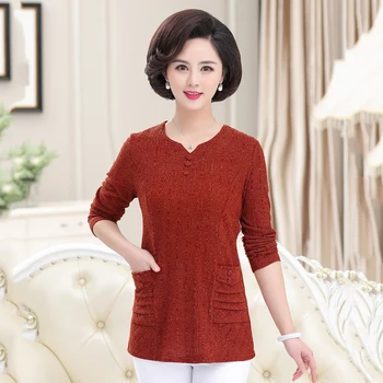 

Long Sleeve Women T-Shirt 2020 Spring Fall Middle Age Mother Plus Size Knitted Top Bottom Shirt Casual Pullover Tee Shirts Femme