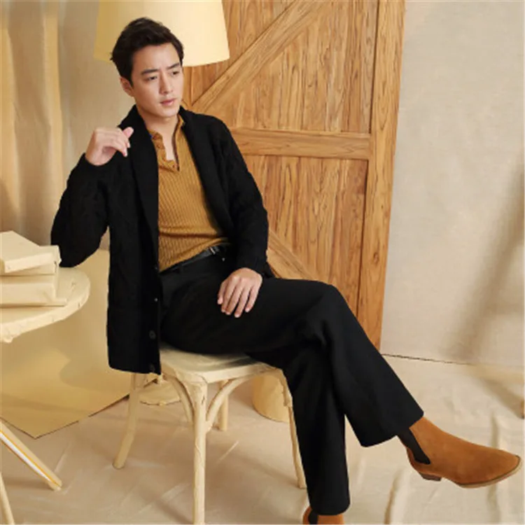 100%hand made pure wool twisted knit men fashion argyle turn-down collar single breasted cardigan s